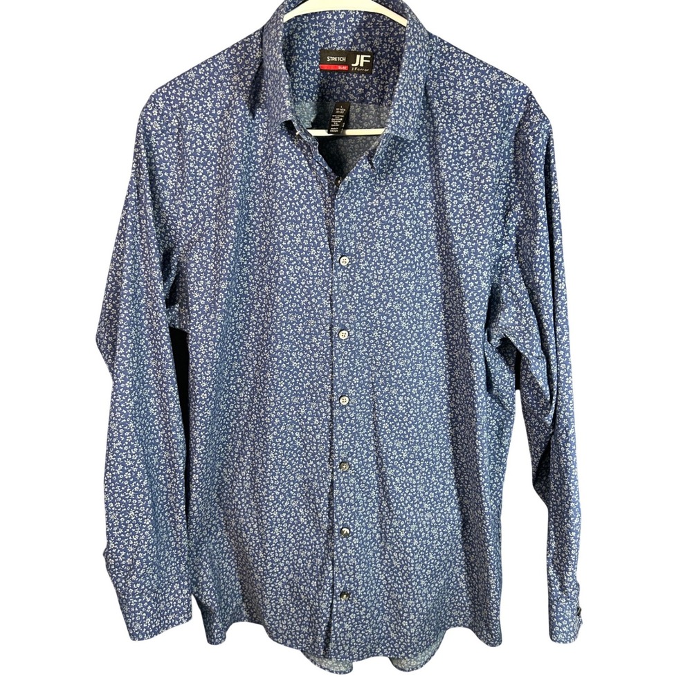 J.Ferrar Mens‎ Slim Fit Stretch Floral Button Down Shirt Blue White L 16-16.5